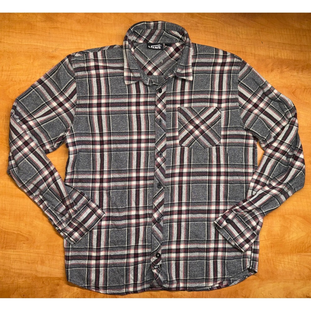 Vans Mens XL Grey Red Plaid Flannel Long Sleeve Button Down Shirt Pocket